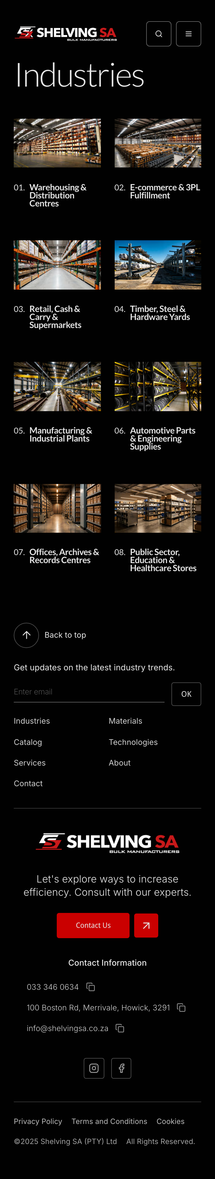 Shelving SA Website mobile screen